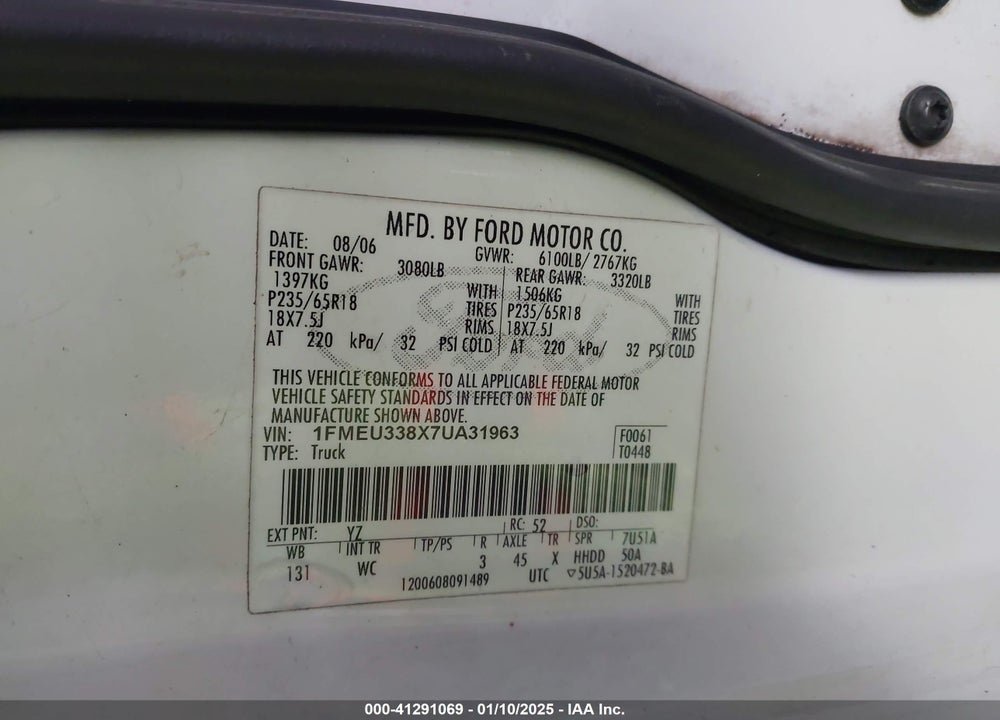 2007 FORD EXPLORER SPORT TRAC VIN: 1FMEU338X7UA31963