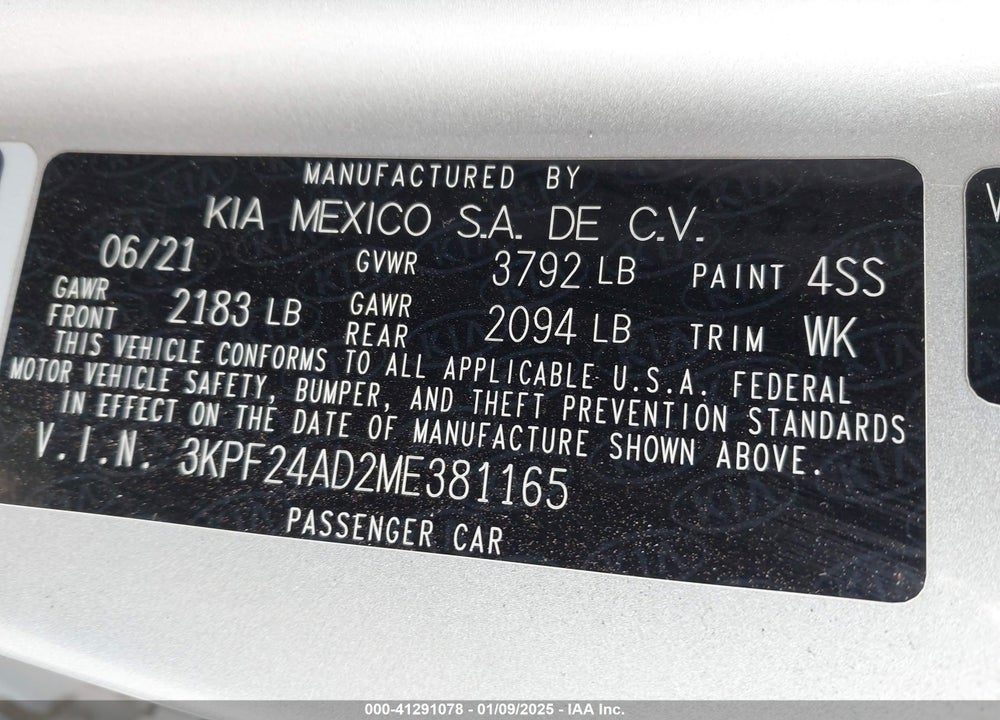 2021 KIA FORTE VIN: 3KPF24AD2ME381165