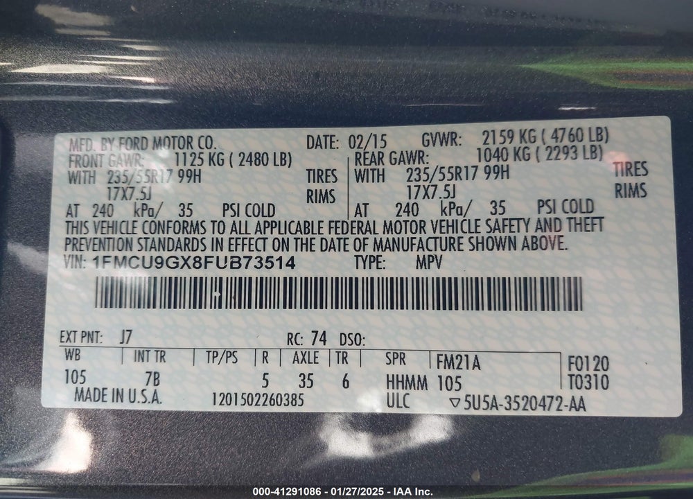 2015 FORD ESCAPE VIN: 1FMCU9GX8FUB73514