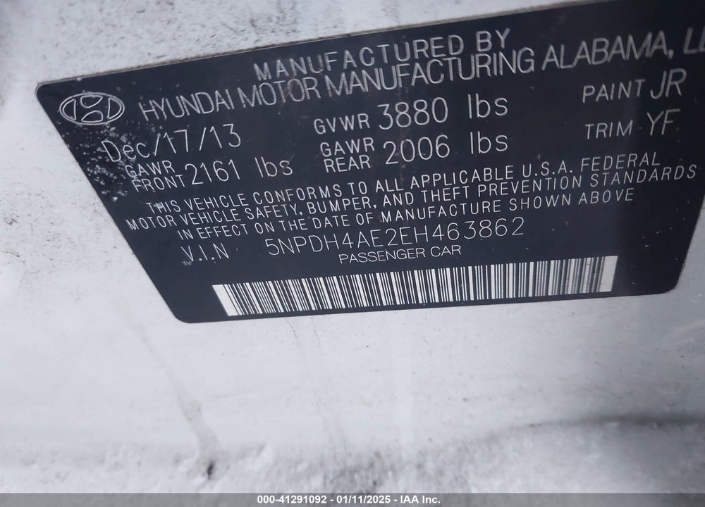 2014 HYUNDAI ELANTRA LIMITED VIN: 5NPDH4AE2EH463862