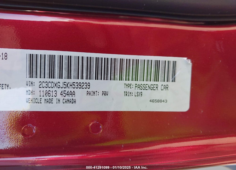 2019 DODGE CHARGER VIN: 2C3CDXGJ5KH539239