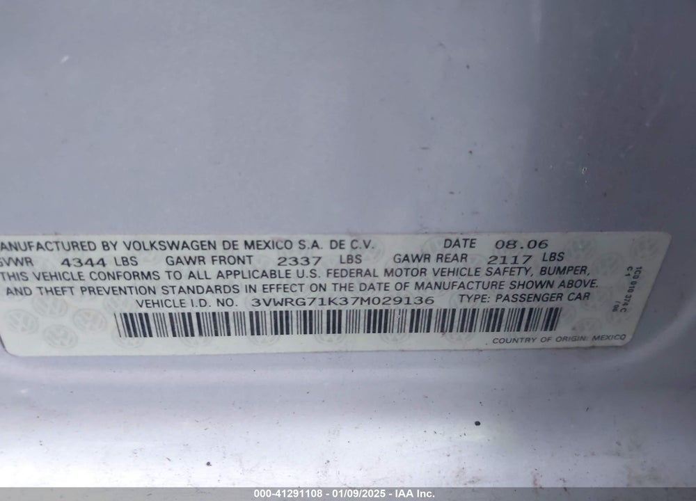 2007 VOLKSWAGEN JETTA VIN: 3VWRG71K37M029136