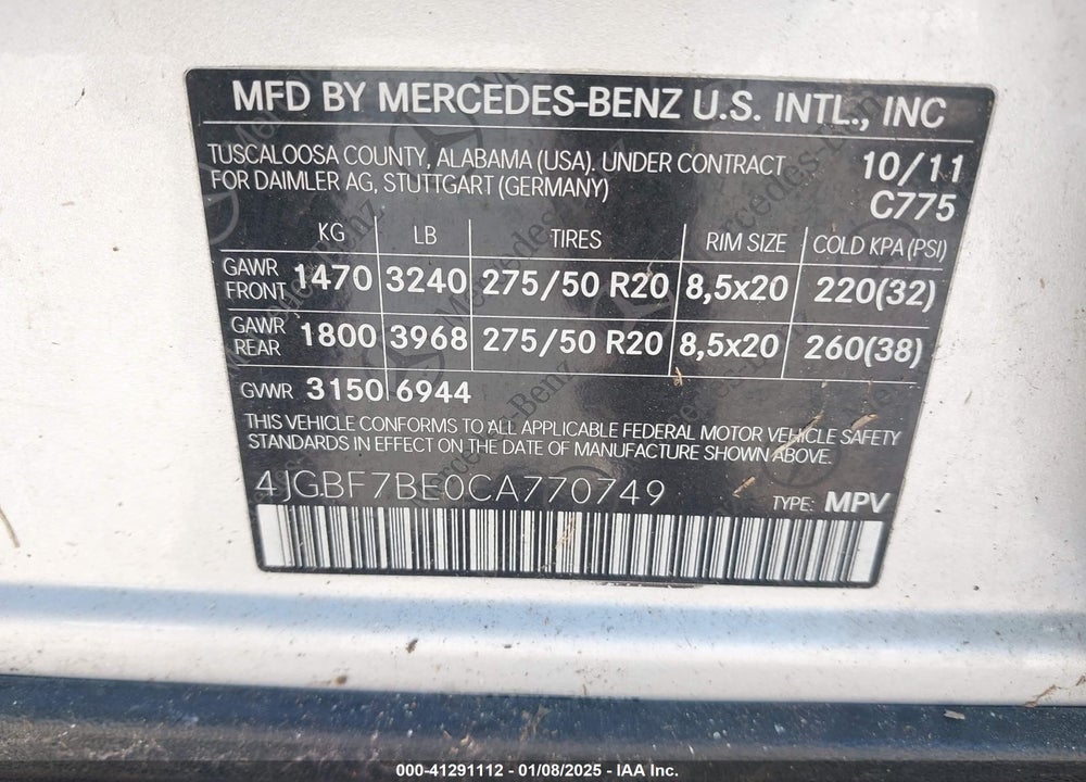 2012 MERCEDES-BENZ GL 450 4MATIC VIN: 4JGBF7BE0CA770749
