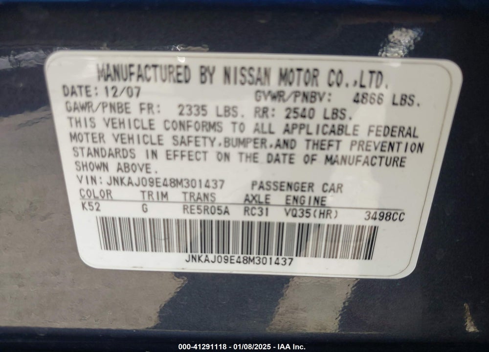 2008 INFINITI EX35 JOURNEY VIN: JNKAJ09E48M301437