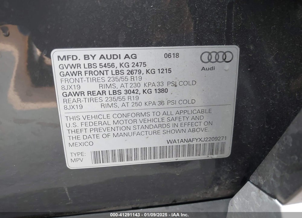 2018 AUDI Q5 2.0T PREMIUM/2.0T TECH PREMIUM VIN: WA1ANAFYXJ2209271