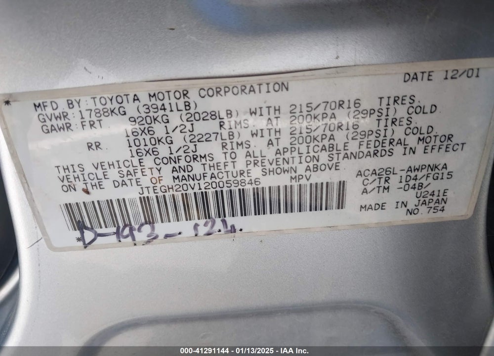 2002 TOYOTA RAV4 VIN: JTEGH20V120059846