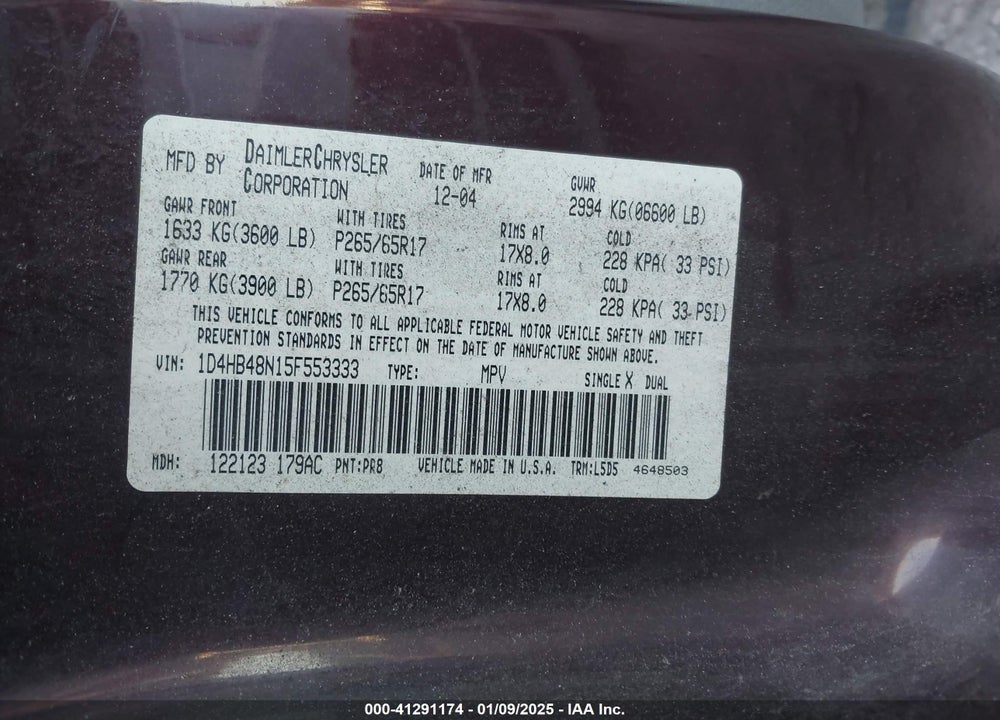 2005 DODGE DURANGO SLT VIN: 1D4HB48N15F553333