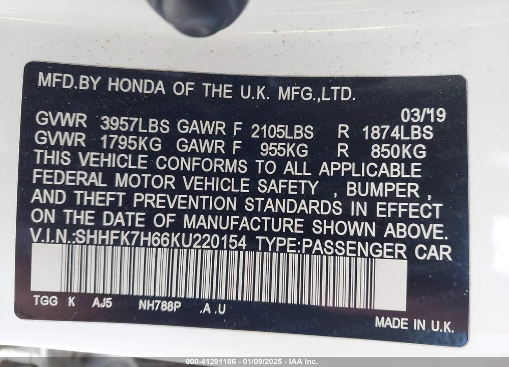 2019 HONDA CIVIC VIN: SHHFK7H66KU220154
