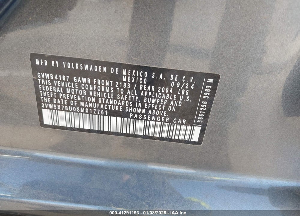 2025 VOLKSWAGEN JETTA 1.5T S VIN: 3VW5X7BU0SM017761