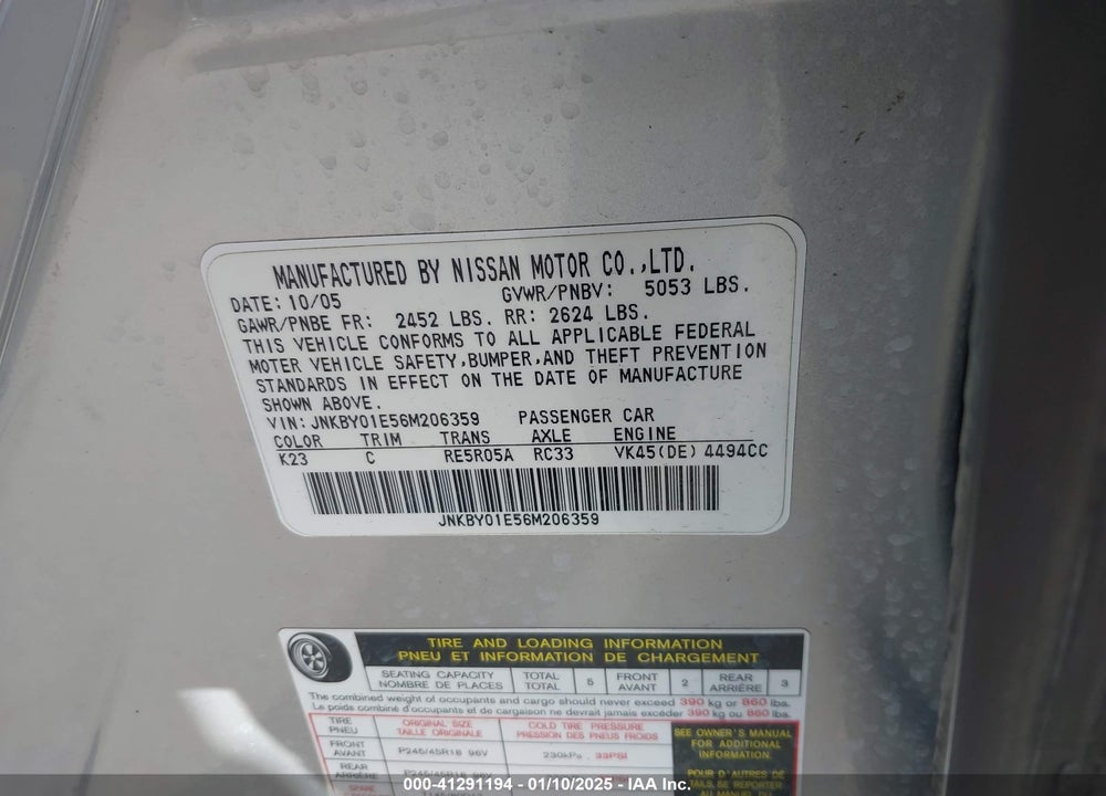 2006 INFINITI M45 VIN: JNKBY01E56M206359