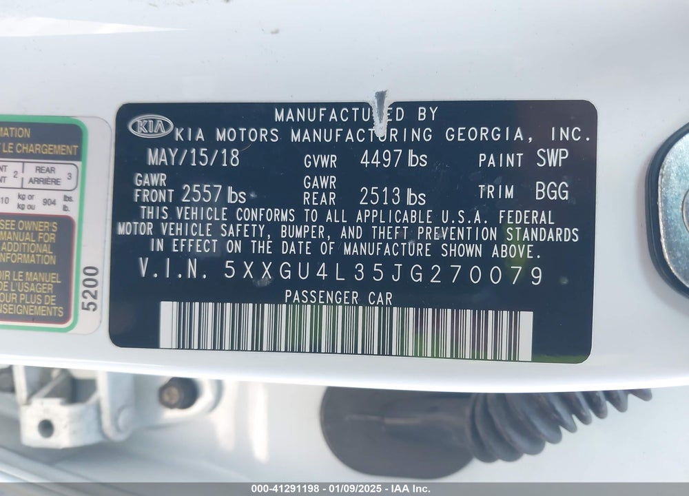 2018 KIA OPTIMA EX VIN: 5XXGU4L35JG270079