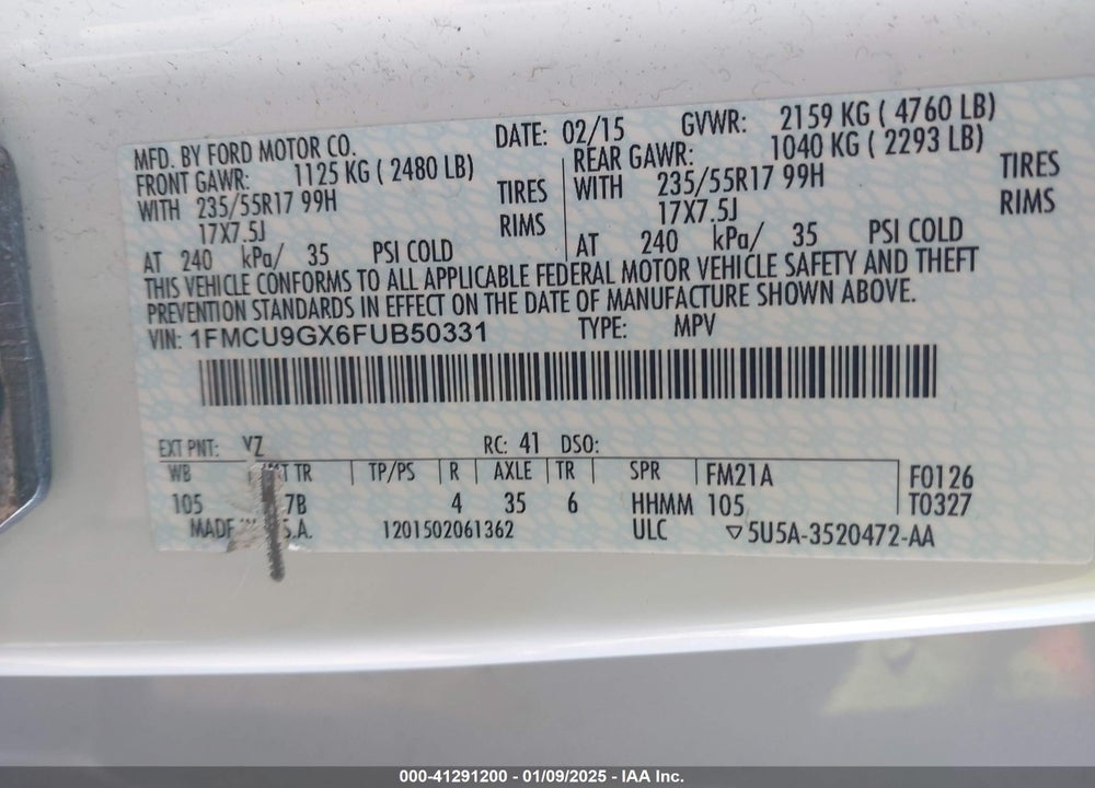 2015 FORD ESCAPE SE VIN: 1FMCU9GX6FUB50331