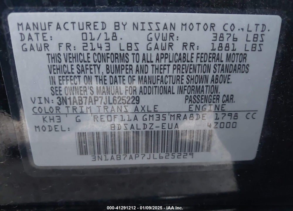 2018 NISSAN SENTRA SV VIN: 3N1AB7AP7JL625229