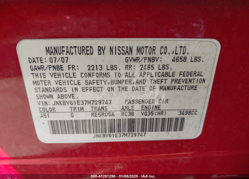 2007 INFINITI G35 VIN: JNKBV61E37M729747