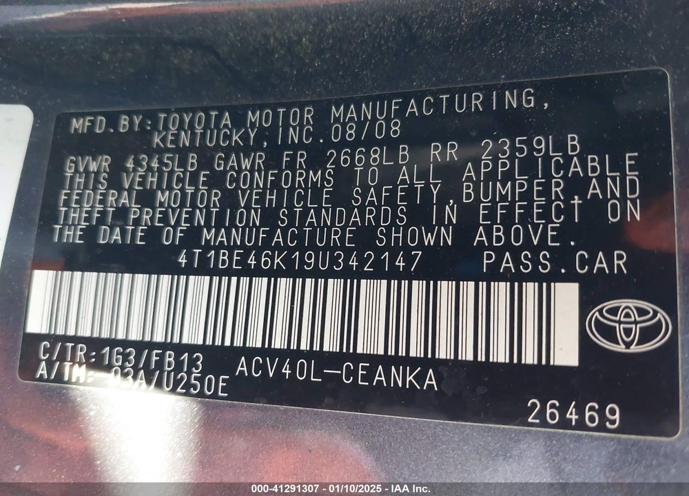 2009 TOYOTA CAMRY LE VIN: 4T1BE46K19U342147