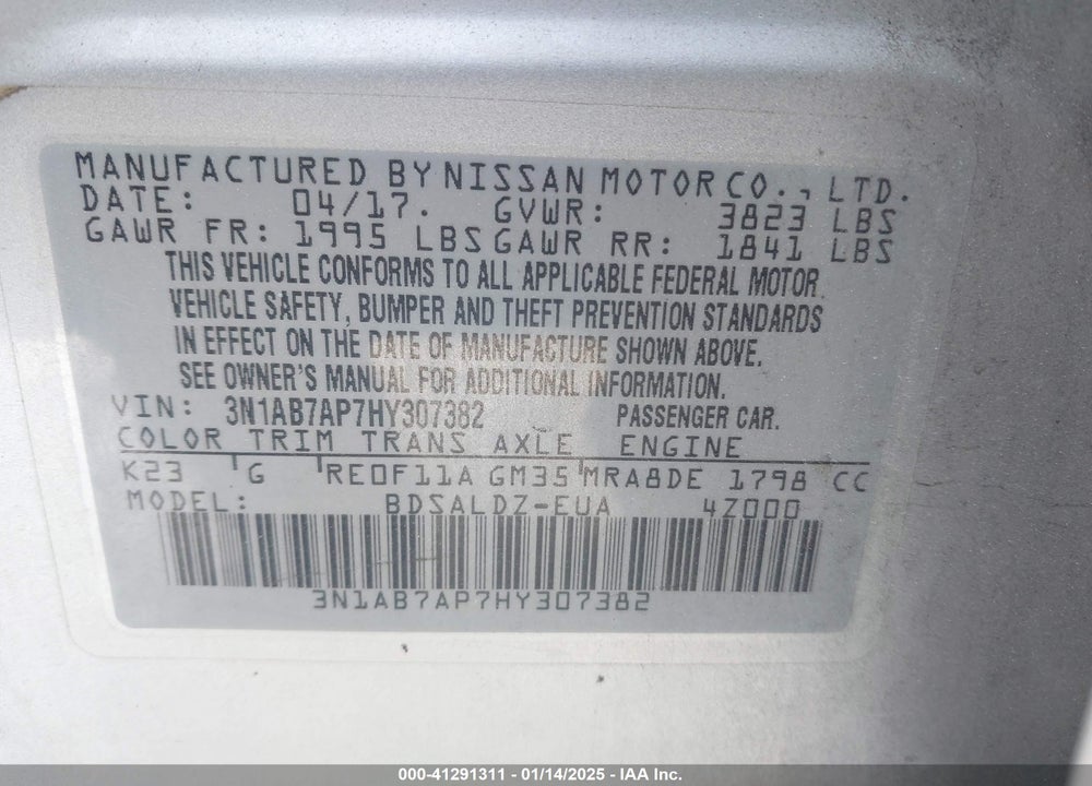 2017 NISSAN SENTRA SV VIN: 3N1AB7AP7HY307382