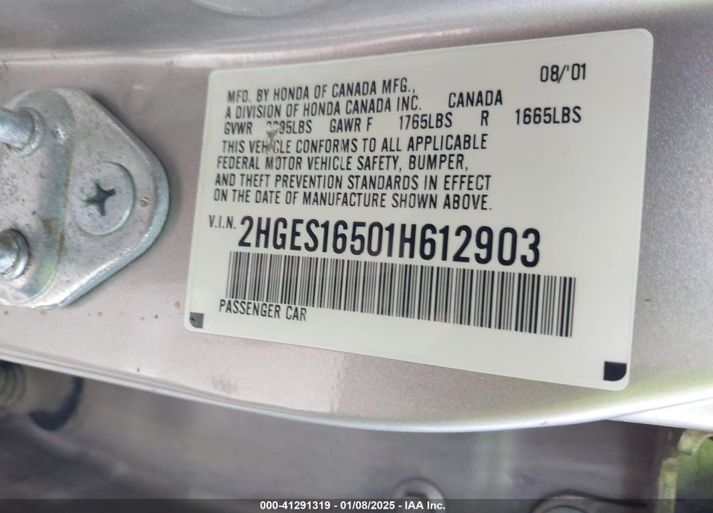 2001 HONDA CIVIC LX VIN: 2HGES16501H612903