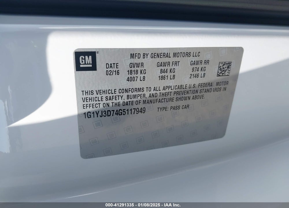 2016 CHEVROLET CORVETTE STINGRAY Z51 VIN: 1G1YJ3D74G5117949