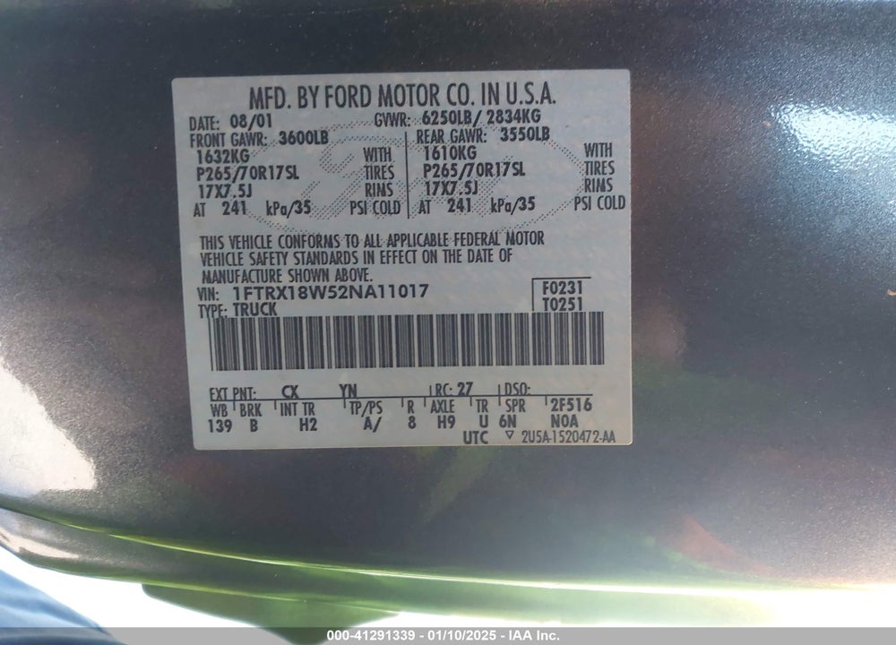 2002 FORD F-150 LARIAT/XL/XLT VIN: 1FTRX18W52NA11017