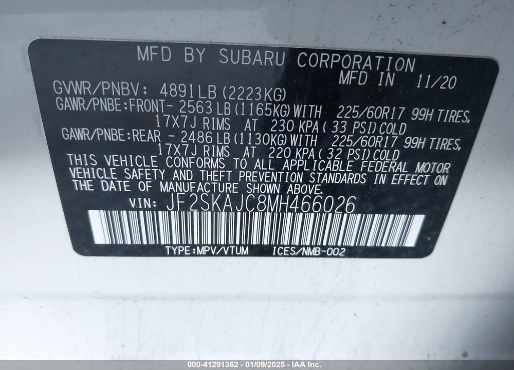 2021 SUBARU FORESTER PREMIUM VIN: JF2SKAJC8MH466026