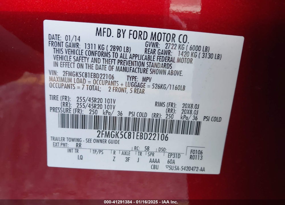 2014 FORD FLEX SEL VIN: 2FMGK5C81EBD22106