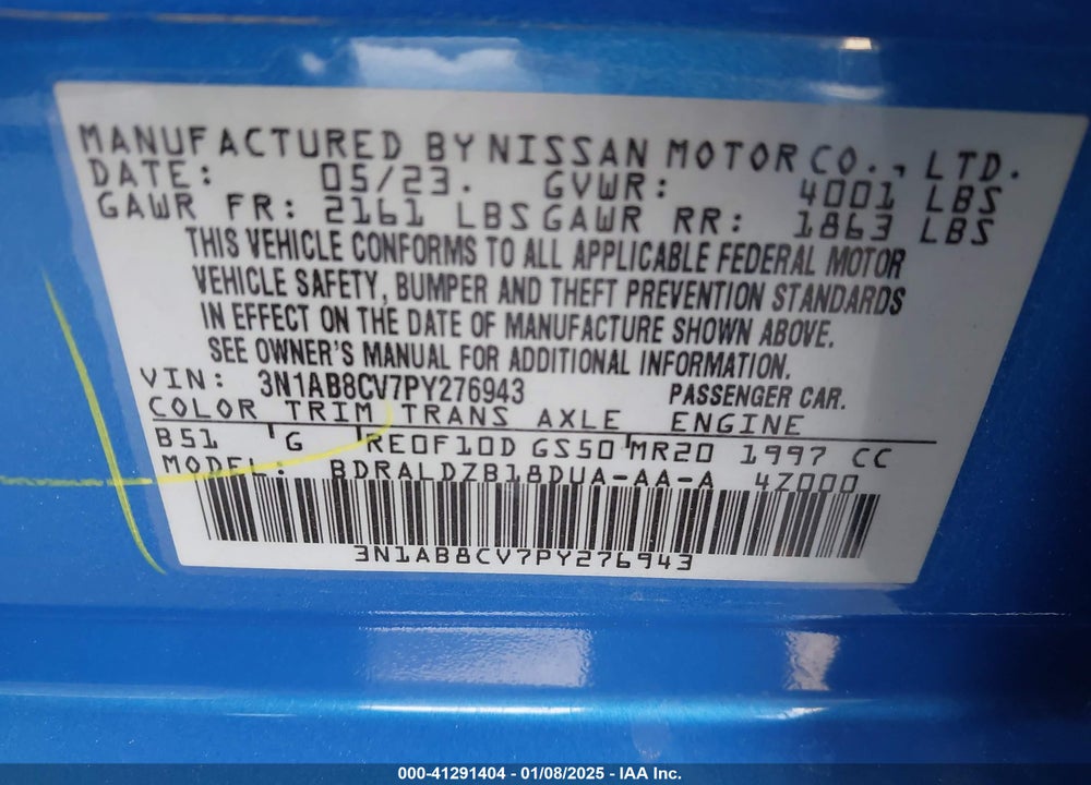 2023 NISSAN SENTRA SV XTRONIC CVT VIN: 3N1AB8CV7PY276943