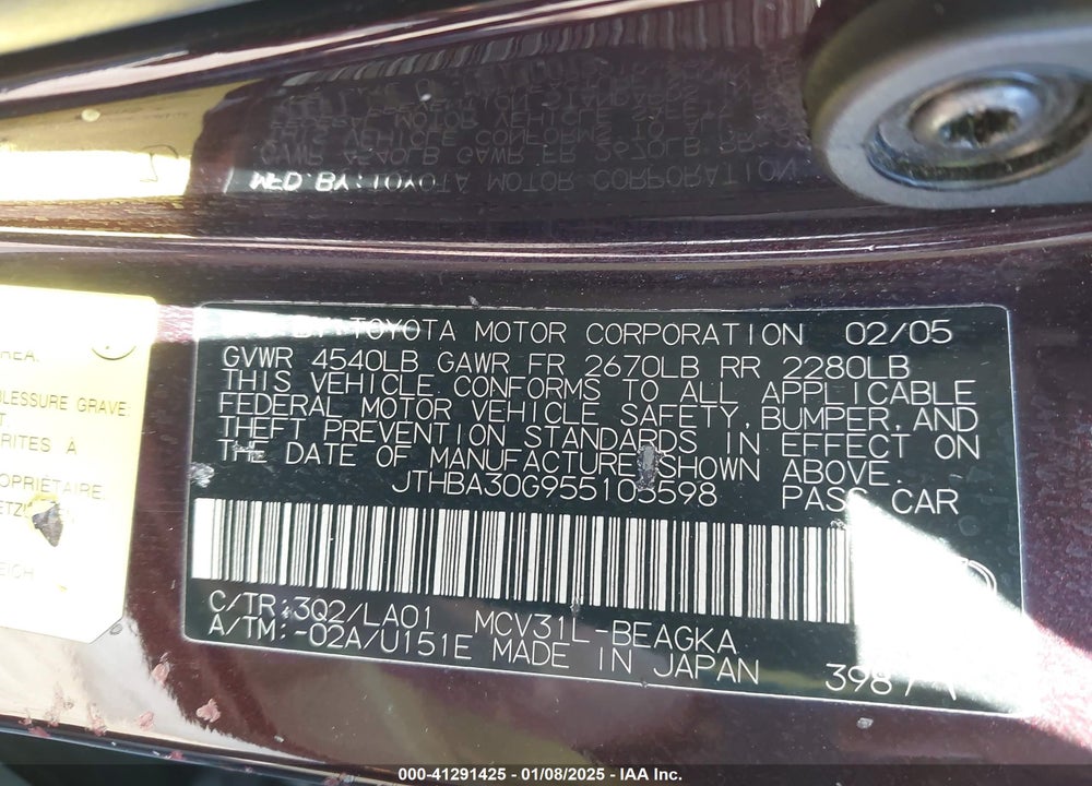 2005 LEXUS ES 330 VIN: JTHBA30G955105598