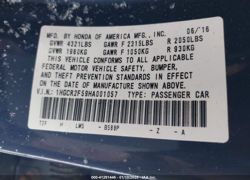 2017 HONDA ACCORD SPORT VIN: 1HGCR2F59HA001057