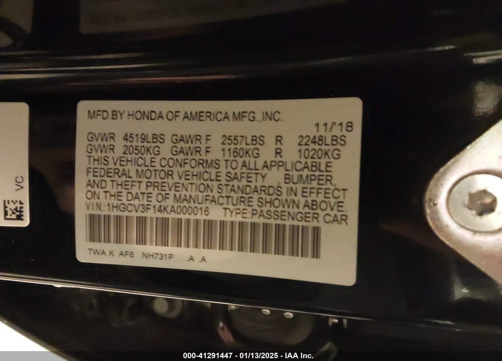 2019 HONDA ACCORD VIN: 1HGCV3F14KA000016