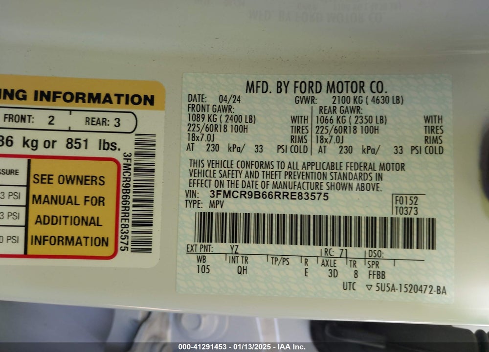 2024 FORD BRONCO SPORT BIG BEND VIN: 3FMCR9B66RRE83575