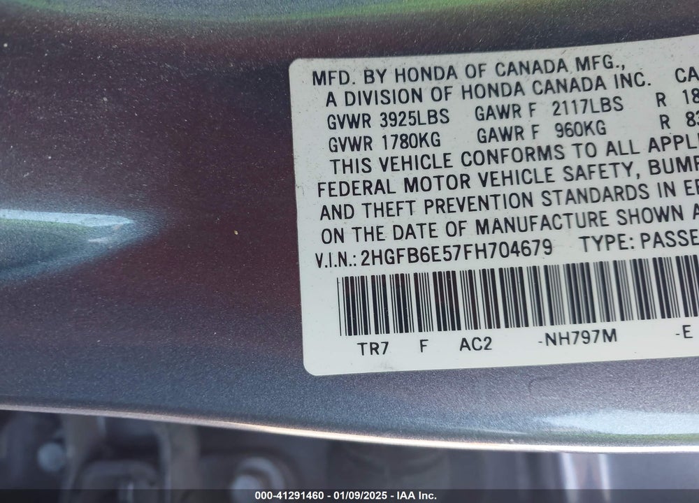2015 HONDA CIVIC VIN: 2HGFB6E57FH704679