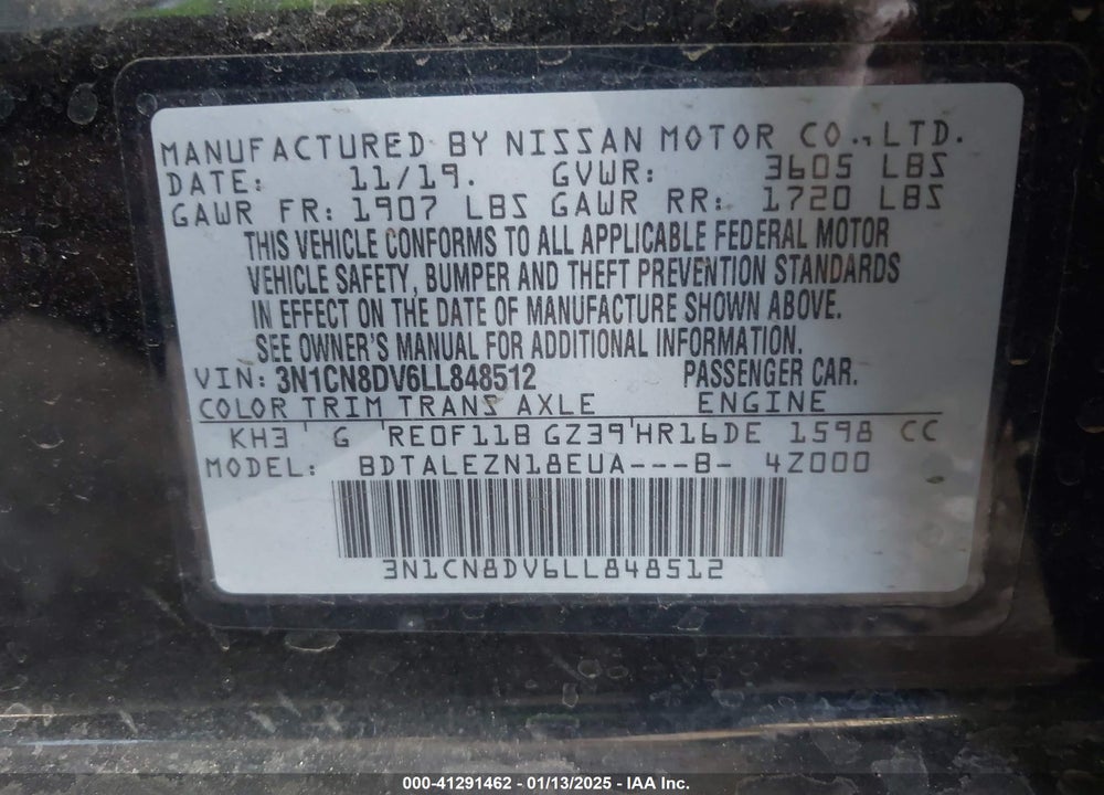 2020 NISSAN VERSA VIN: 3N1CN8DV6LL848512
