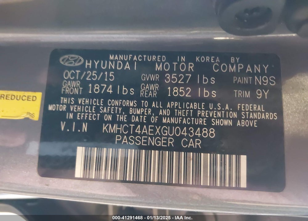 2016 HYUNDAI ACCENT VIN: KMHCT4AEXGU043488
