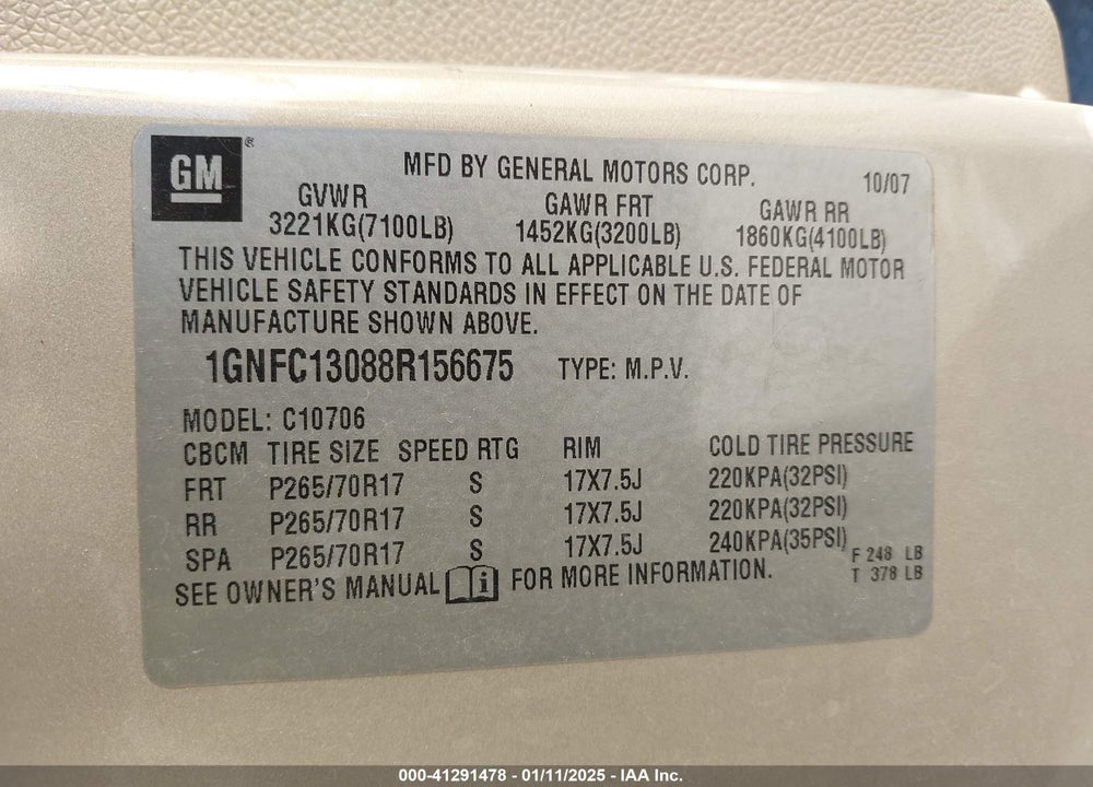 2008 CHEVROLET TAHOE LT VIN: 1GNFC13088R156675