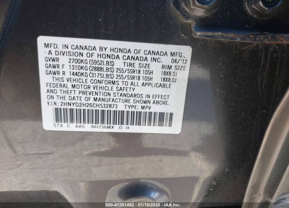 2012 ACURA MDX VIN: 2HNYD2H26CH532873