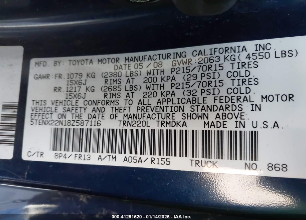 2008 TOYOTA TACOMA VIN: 5TENX22N18Z587116