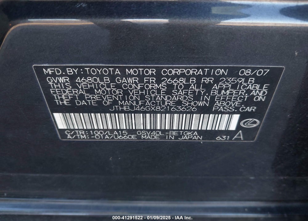 2008 LEXUS ES 350 VIN: JTHBJ46GX82163626