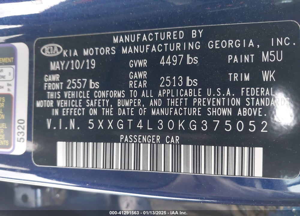 2019 KIA OPTIMA VIN: 5XXGT4L30KG375052