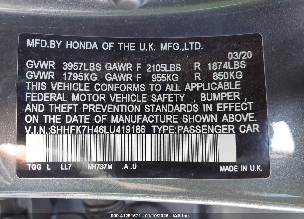 2020 HONDA CIVIC SPORT VIN: SHHFK7H46LU419186
