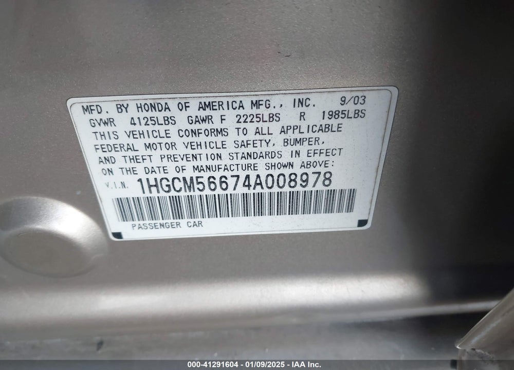 2004 HONDA ACCORD 2.4 EX VIN: 1HGCM56674A008978