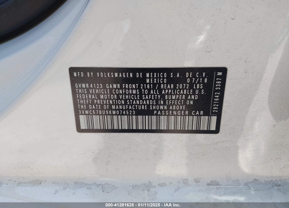 2019 VOLKSWAGEN JETTA VIN: 3VWC57BU9KM074523