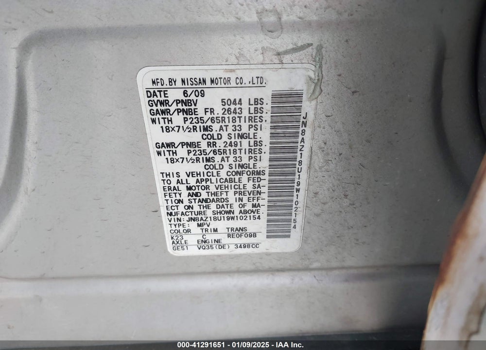 2009 NISSAN MURANO VIN: JN8AZ18U19W102154