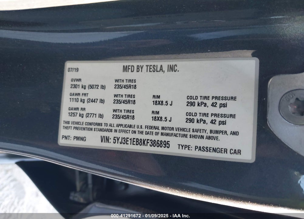 2019 TESLA MODEL 3 VIN: 5YJ3E1EB8KF386895