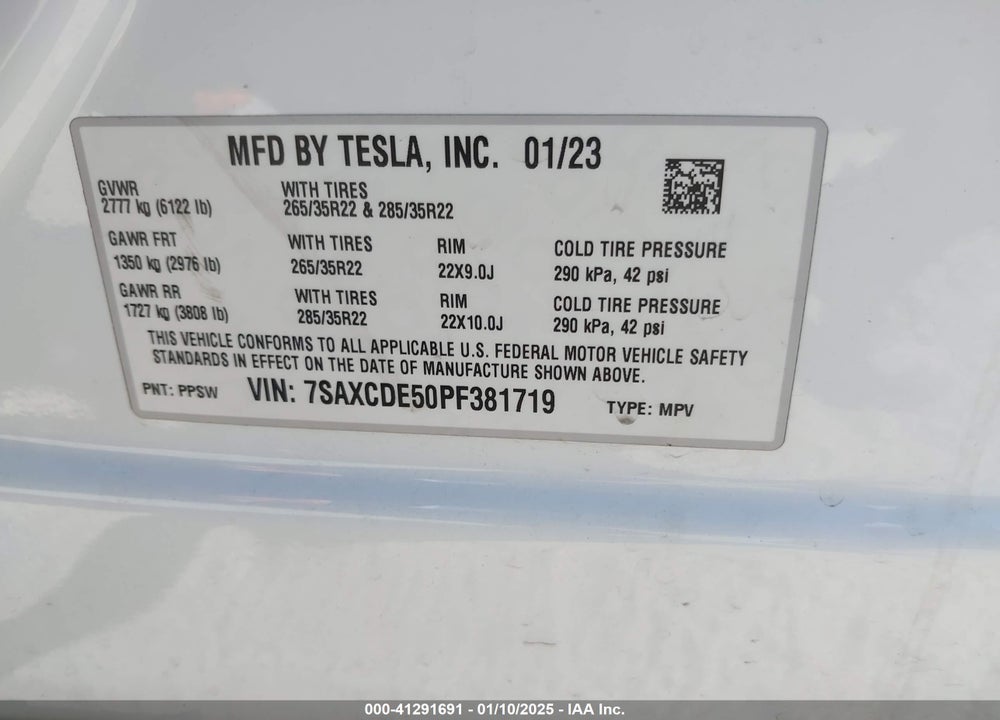 2023 TESLA MODEL X VIN: 7SAXCDE50PF381719