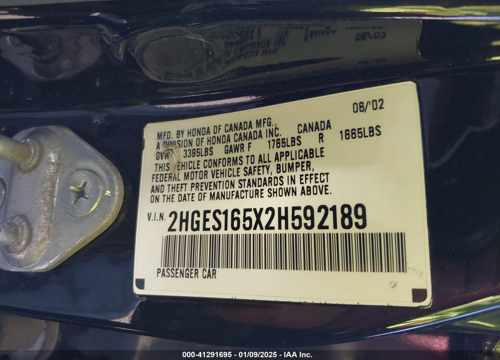 2002 HONDA CIVIC LX VIN: 2HGES165X2H592189