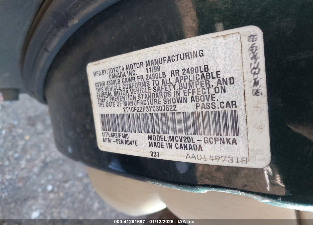 2000 TOYOTA CAMRY SOLARA SE V6 VIN: 2T1CF22P3YC307522