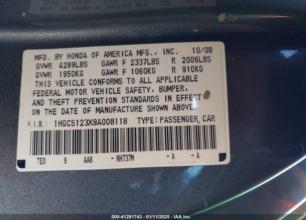 2009 HONDA ACCORD VIN: 1HGCS123X9A008118