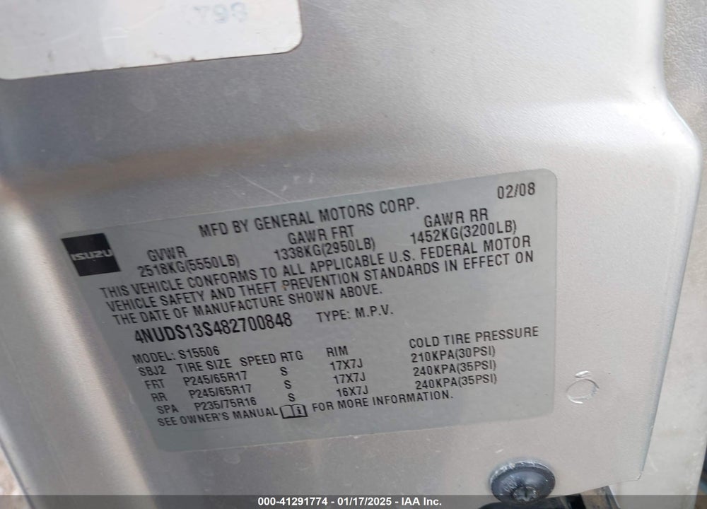 2008 ISUZU ASCENDER S VIN: 4NUDS13S482700848