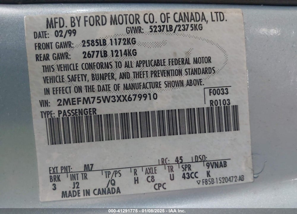 1999 MERCURY GRAND MARQUIS LS VIN: 2MEFM75W3XX679910