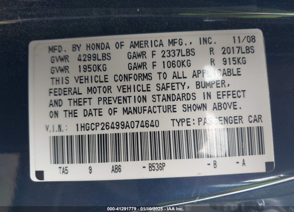 2009 HONDA ACCORD VIN: 1HGCP26499A074640